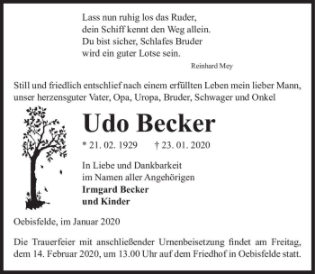 Traueranzeige von Udo Becker  von Magdeburger Volksstimme