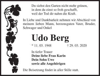 Traueranzeige von Udo Berg  von Magdeburger Volksstimme