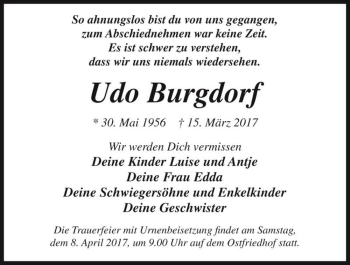 Traueranzeige von Udo Burgdorf  von Magdeburger Volksstimme