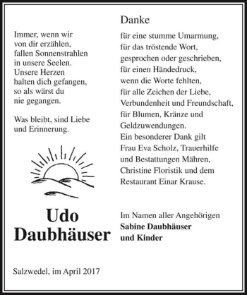 Traueranzeige von Udo Daubhäuser  von Magdeburger Volksstimme