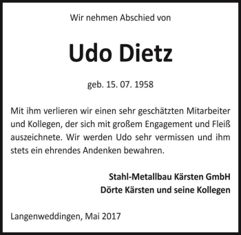Traueranzeige von Udo Dietz  von Magdeburger Volksstimme