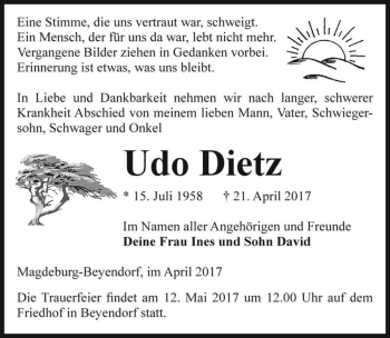 Traueranzeige von Udo Dietz  von Magdeburger Volksstimme