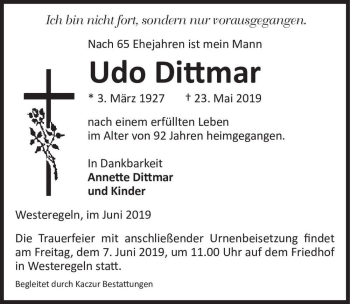 Traueranzeige von Udo Dittmar  von Magdeburger Volksstimme