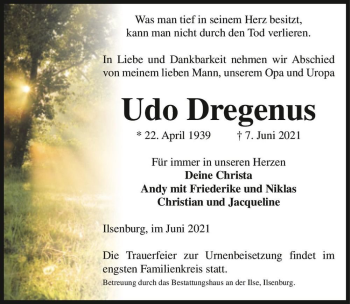 Traueranzeige von Udo Dregenus  von Magdeburger Volksstimme