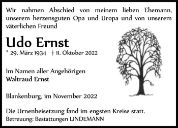 Traueranzeige von Udo Ernst  von Magdeburger Volksstimme