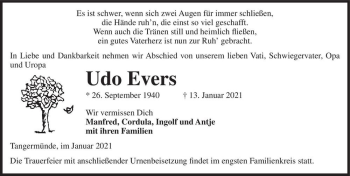 Traueranzeige von Udo Evers  von Magdeburger Volksstimme