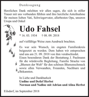 Traueranzeige von Udo Fahsel  von Magdeburger Volksstimme