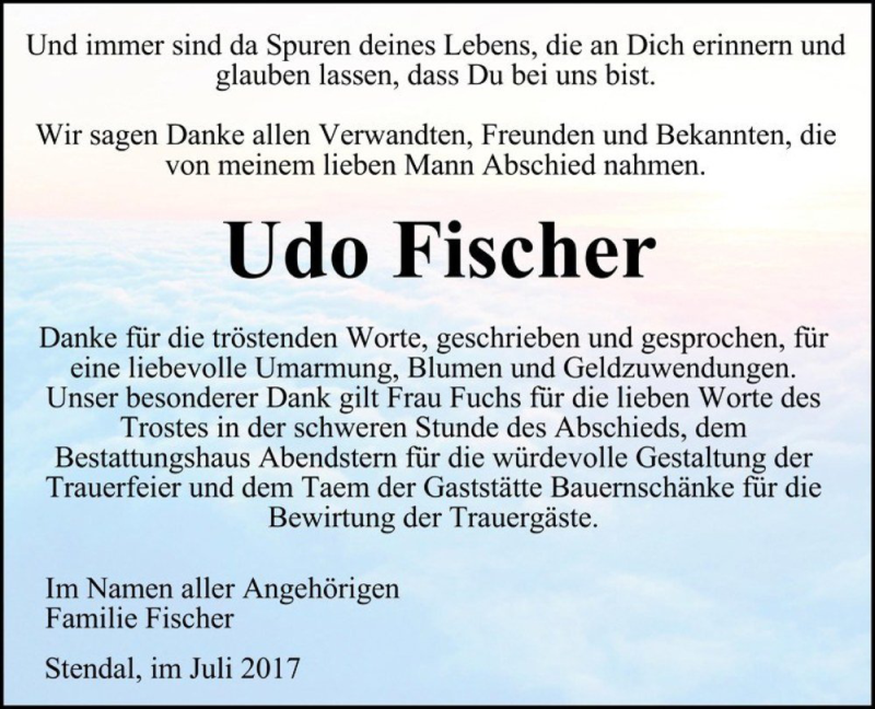  Traueranzeige für Udo Fischer  vom 08.07.2017 aus Magdeburger Volksstimme