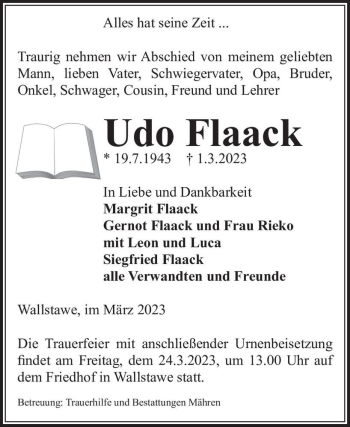 Traueranzeige von Udo Flaack  von Magdeburger Volksstimme