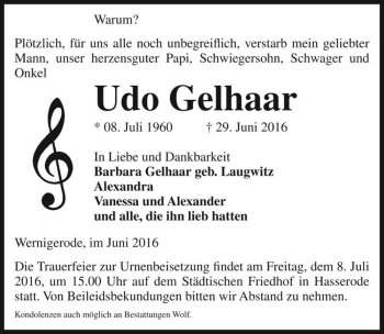 Traueranzeige von Udo Gelhaar  von Magdeburger Volksstimme
