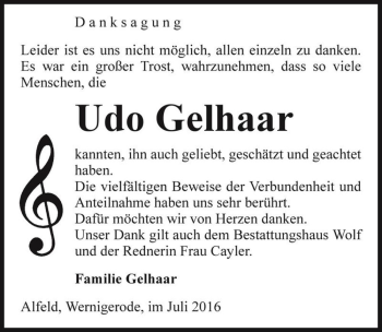 Traueranzeige von Udo Gelhaar  von Magdeburger Volksstimme