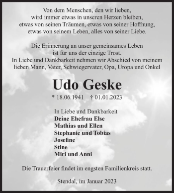 Traueranzeige von Udo Geske  von Magdeburger Volksstimme