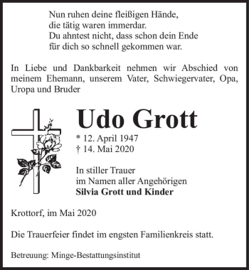 Traueranzeige von Udo Grott  von Magdeburger Volksstimme