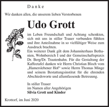 Traueranzeige von Udo Grott  von Magdeburger Volksstimme