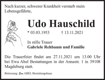 Traueranzeige von Udo Hauschild  von Magdeburger Volksstimme