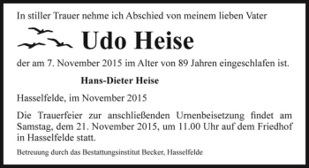 Traueranzeige von Udo Heise  von Magdeburger Volksstimme