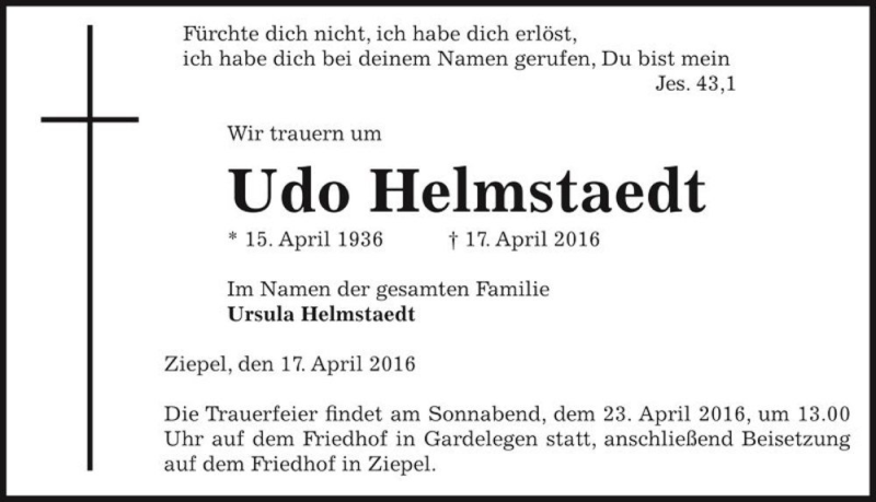  Traueranzeige für Udo Helmstaedt  vom 20.04.2016 aus Magdeburger Volksstimme