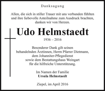 Traueranzeige von Udo Helmstaedt  von Magdeburger Volksstimme