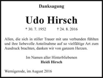 Traueranzeige von Udo Hirsch  von Magdeburger Volksstimme