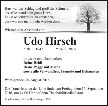 Traueranzeige von Udo Hirsch  von Magdeburger Volksstimme