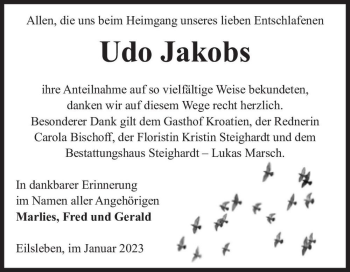 Traueranzeige von Udo Jakobs  von Magdeburger Volksstimme