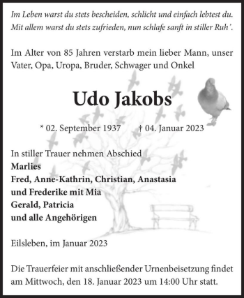 Traueranzeige von Udo Jakobs  von Magdeburger Volksstimme