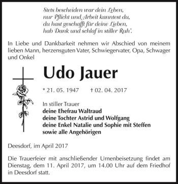 Traueranzeige von Udo Jauer  von Magdeburger Volksstimme