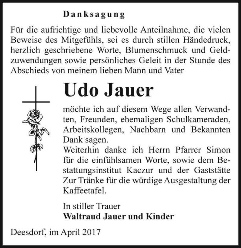  Traueranzeige für Udo Jauer  vom 22.04.2017 aus Magdeburger Volksstimme