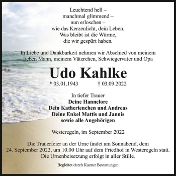 Traueranzeige von Udo Kahlke  von Magdeburger Volksstimme
