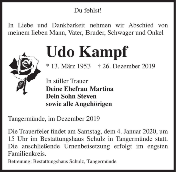 Traueranzeige von Udo Kampf  von Magdeburger Volksstimme