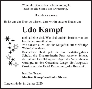 Traueranzeige von Udo Kampf  von Magdeburger Volksstimme