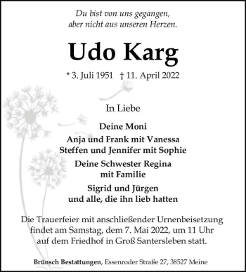 Traueranzeige von Udo Karg  von Magdeburger Volksstimme