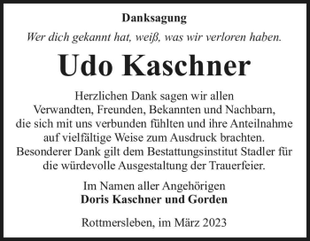 Traueranzeige von Udo Kaschner  von Magdeburger Volksstimme
