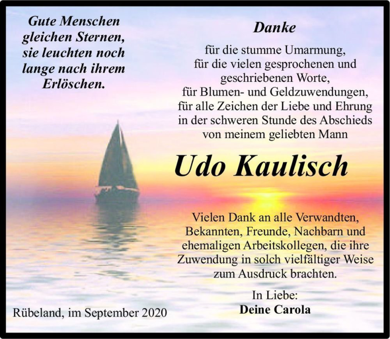  Traueranzeige für Udo Kaulisch  vom 19.09.2020 aus Magdeburger Volksstimme