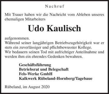 Traueranzeige von Udo Kaulisch  von Magdeburger Volksstimme
