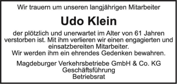 Traueranzeige von Udo Klein  von Magdeburger Volksstimme