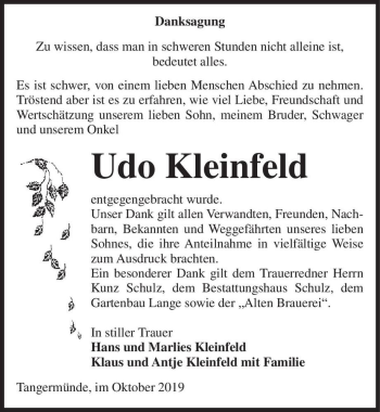 Traueranzeige von Udo Kleinfeld  von Magdeburger Volksstimme