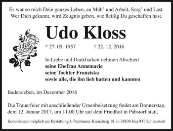 Traueranzeige von Udo Kloss  von Magdeburger Volksstimme