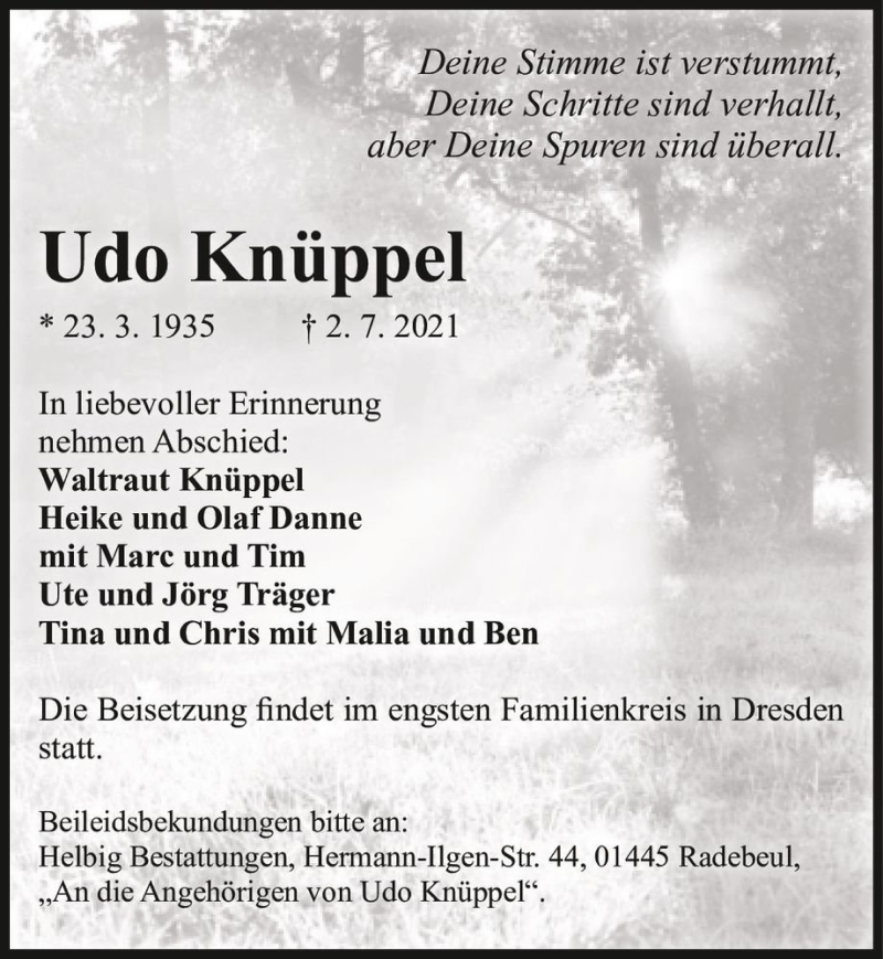  Traueranzeige für Udo Knüppel  vom 10.07.2021 aus Magdeburger Volksstimme