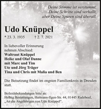 Traueranzeige von Udo Knüppel  von Magdeburger Volksstimme