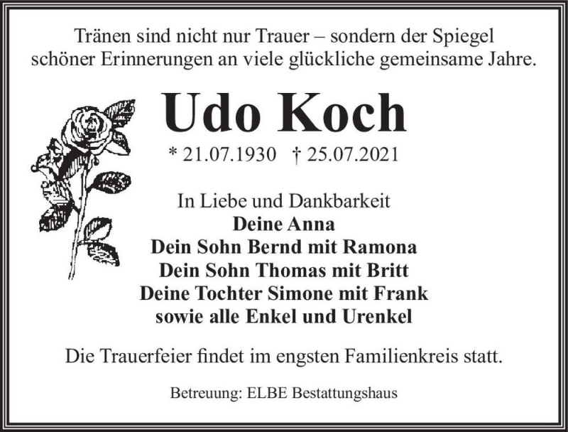  Traueranzeige für Udo Koch  vom 07.08.2021 aus Magdeburger Volksstimme