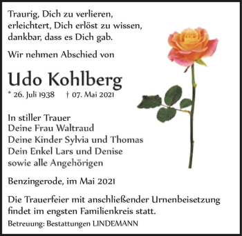 Traueranzeige von Udo Kohlberg  von Magdeburger Volksstimme