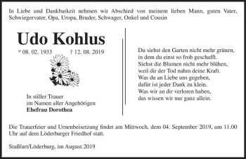 Traueranzeige von Udo Kohlus  von Magdeburger Volksstimme