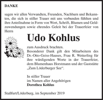 Traueranzeige von Udo Kohlus  von Magdeburger Volksstimme
