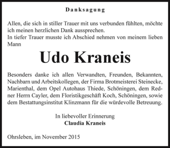 Traueranzeige von Udo Kraneis  von Magdeburger Volksstimme