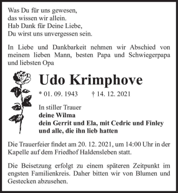 Traueranzeige von Udo Krimphove  von Magdeburger Volksstimme