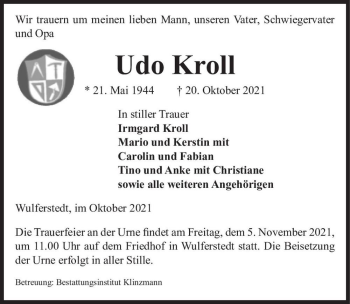 Traueranzeige von Udo Kroll  von Magdeburger Volksstimme