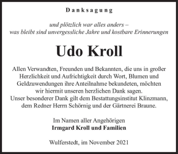 Traueranzeige von Udo Kroll  von Magdeburger Volksstimme