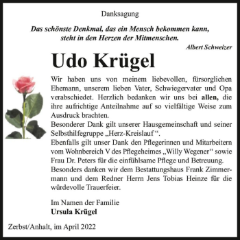 Traueranzeige von Udo Krügel  von Magdeburger Volksstimme