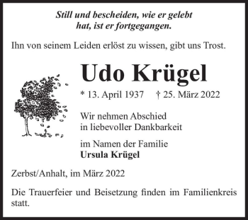 Traueranzeige von Udo Krügel  von Magdeburger Volksstimme